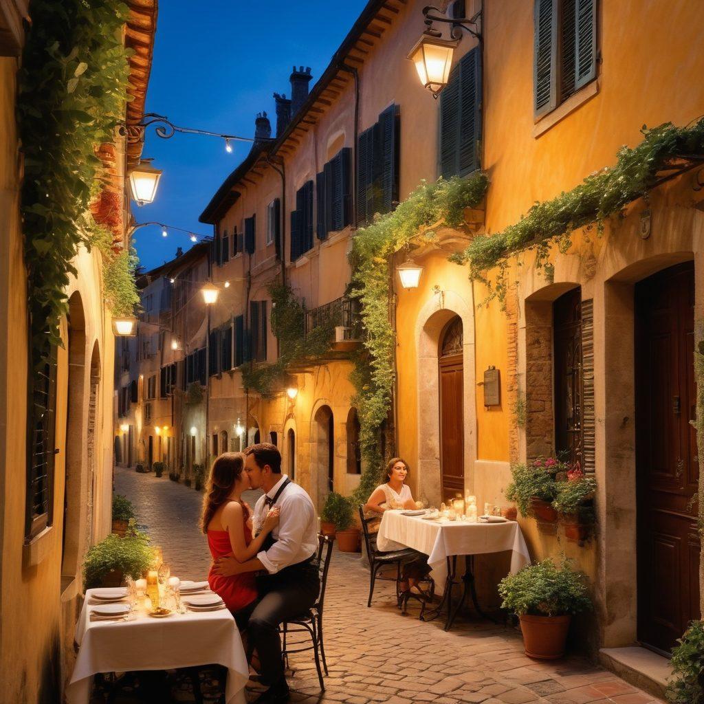 A picturesque Italian streetscape at twilight, with a couple sharing a passionate kiss over a candlelit dinner. Lush vines and charming architecture surround them, with plates of exquisite pasta and wine on the table. The warm glow of street lamps illuminates the scene, creating an atmosphere of romance and charm. Delicate details like heart-shaped pasta and a serenading musician in the background enhance the allure. vibrant colors. dreamy atmosphere.
