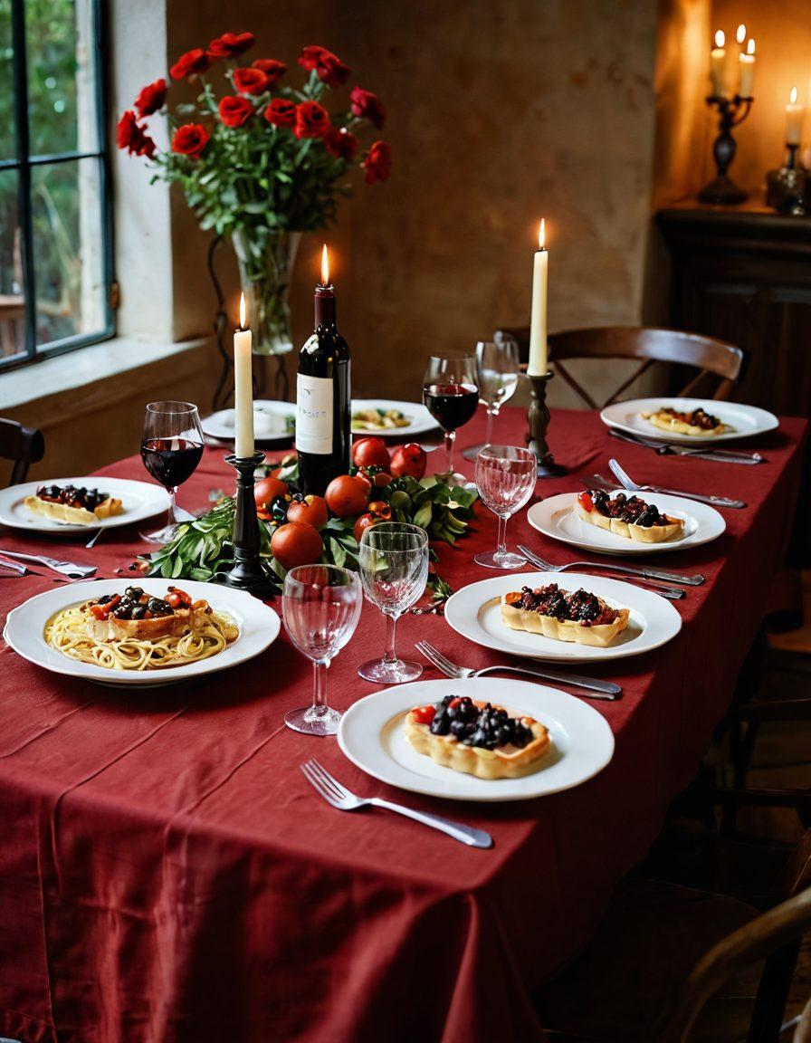 A romantic Italian dining setting featuring a candlelit table adorned with a vibrant red tablecloth, a bottle of Chianti wine, and a delicious spread of traditional Italian dishes like pasta and bruschetta. Include soft, dreamy lighting that creates an atmosphere of intimacy and love, with fresh herbs and flowers in the background. Capture the essence of connection and passion through the inviting ambiance. super-realistic. warm colors. soft focus.