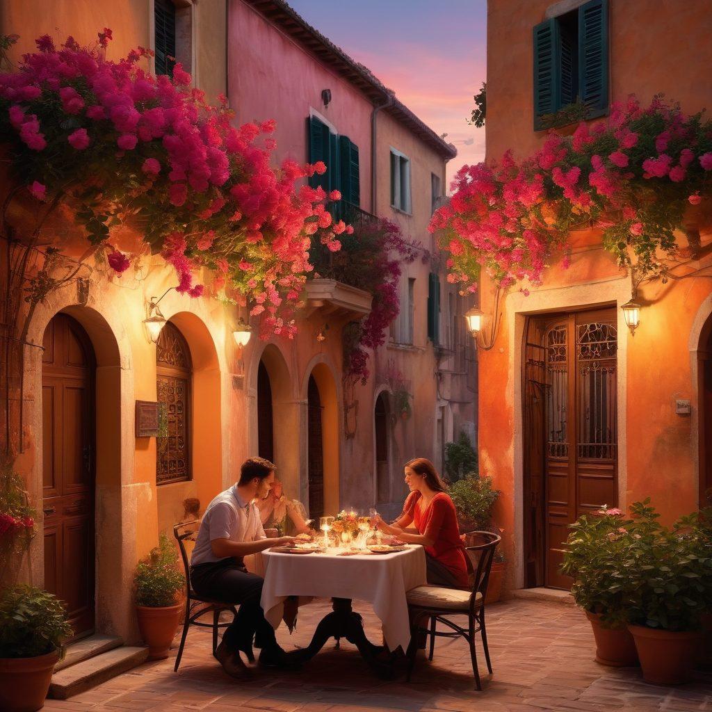 A romantic Italian street illuminated at twilight, featuring a charming couple sharing a passionate moment over a candlelit dinner, surrounded by traditional Venetian architecture and vibrant bougainvillea. Soft shadows create an intimate atmosphere, while warm colors evoke emotions of love and desire. Add subtle hints of Italian cuisine on the table, like pasta and wine, capturing the essence of passionate courtship. super-realistic. warm colors. vibrant atmosphere.